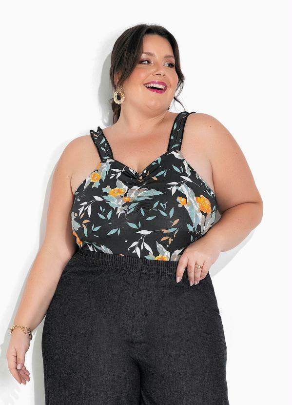 Body Floral Preto com Franzidos Plus Size