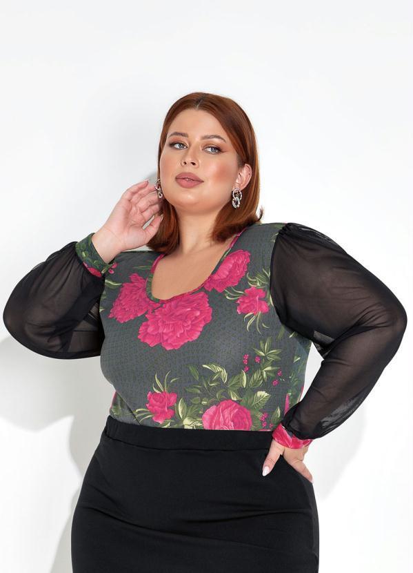 Body Floral Preto com Mangas Longas Plus Size