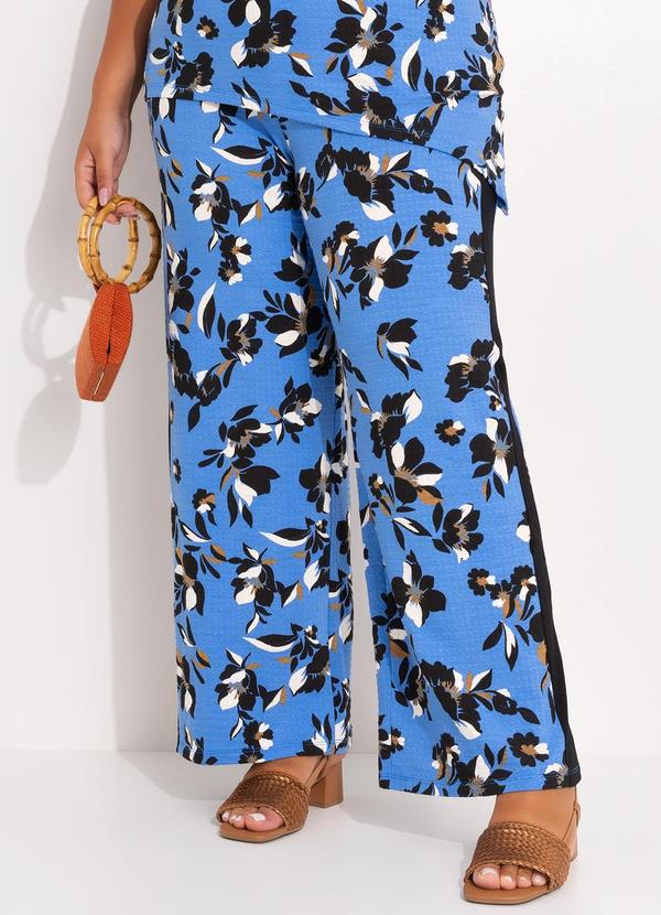 Calça Floral Azul em Malha de Viscose