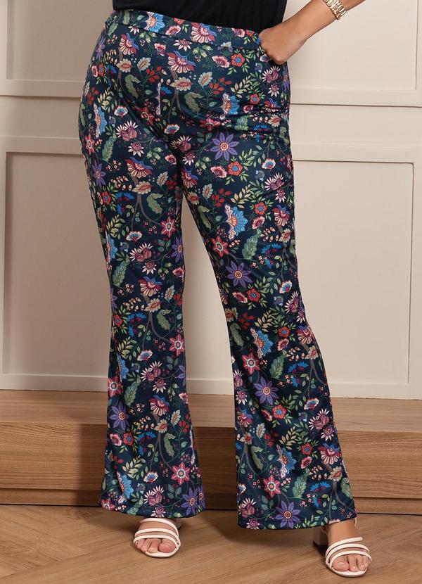 Calça Floral Marinho em Jersey Acetinado