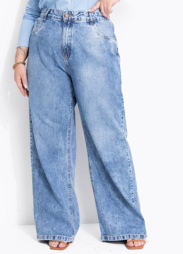 Calça Jeans Azul Claro Estonada Wide Leg