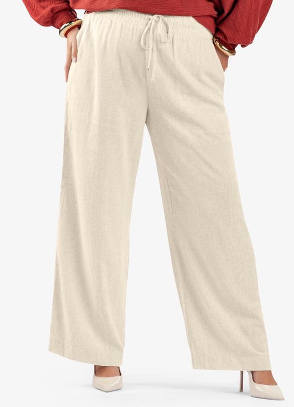 Calça Pantalona Linho Plus Size Bege