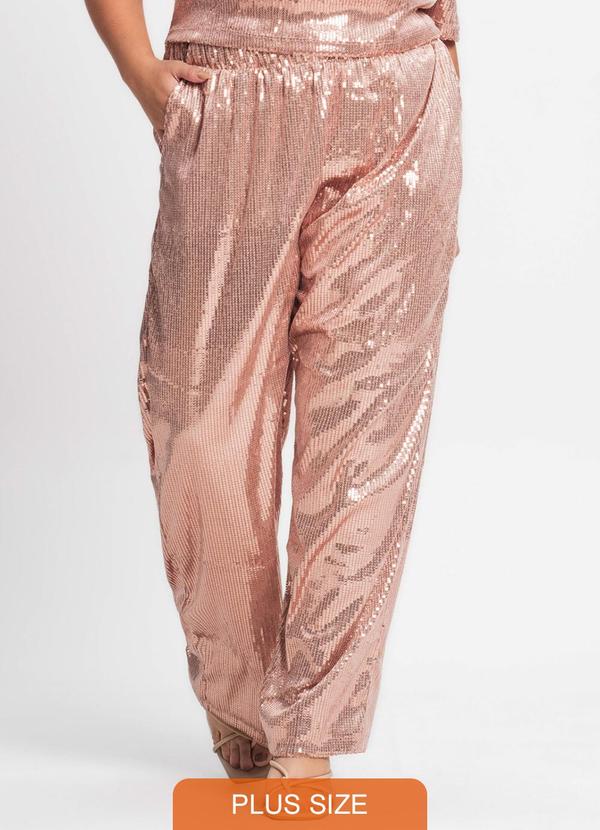 Calça Feminina Plus Size em Paetê Rosa