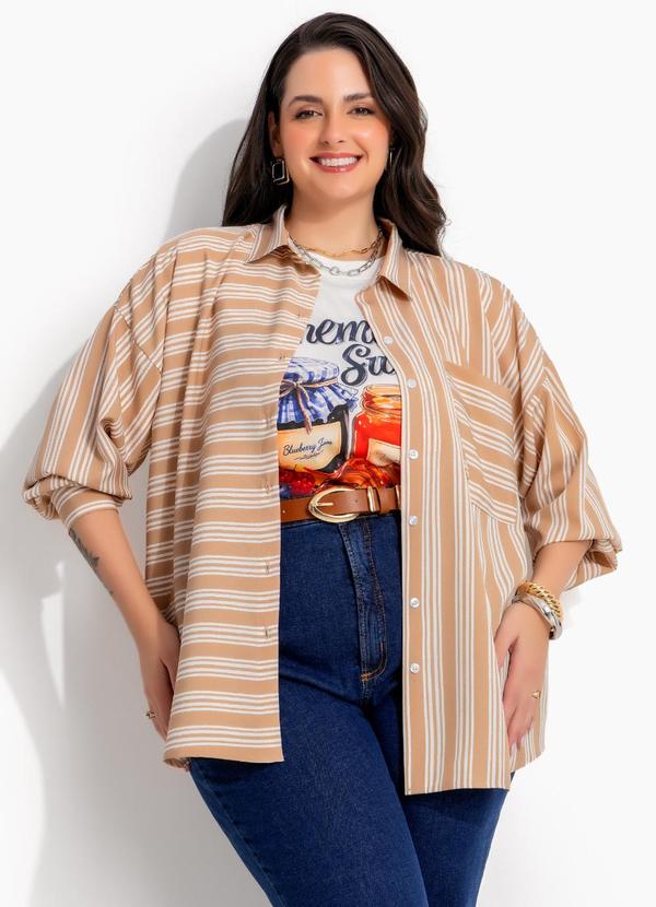 Camisa Listrado Bege em Tricoline