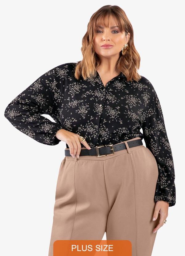 Camisa Manga Longa Estampada Plus Size Preto