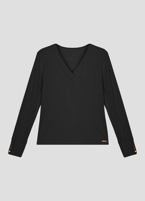 Blusa Feminina Plus Size Manga Longa Canelada Preto