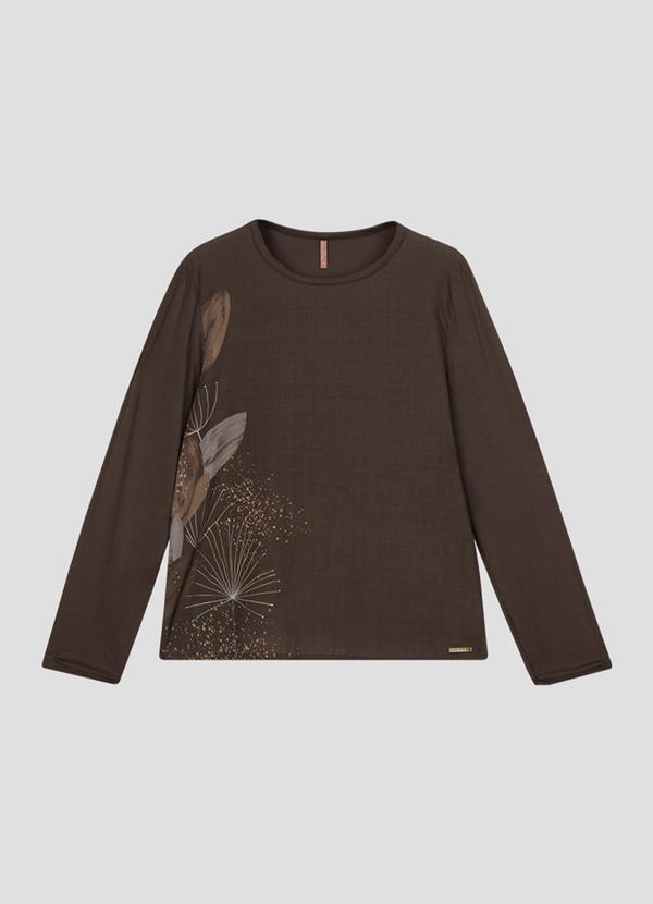 Blusa Feminina Plus Size Manga Longa com Estampa Marrom