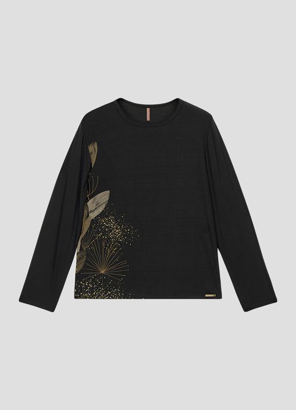 Blusa Feminina Plus Size Manga Longa com Estampa Preto