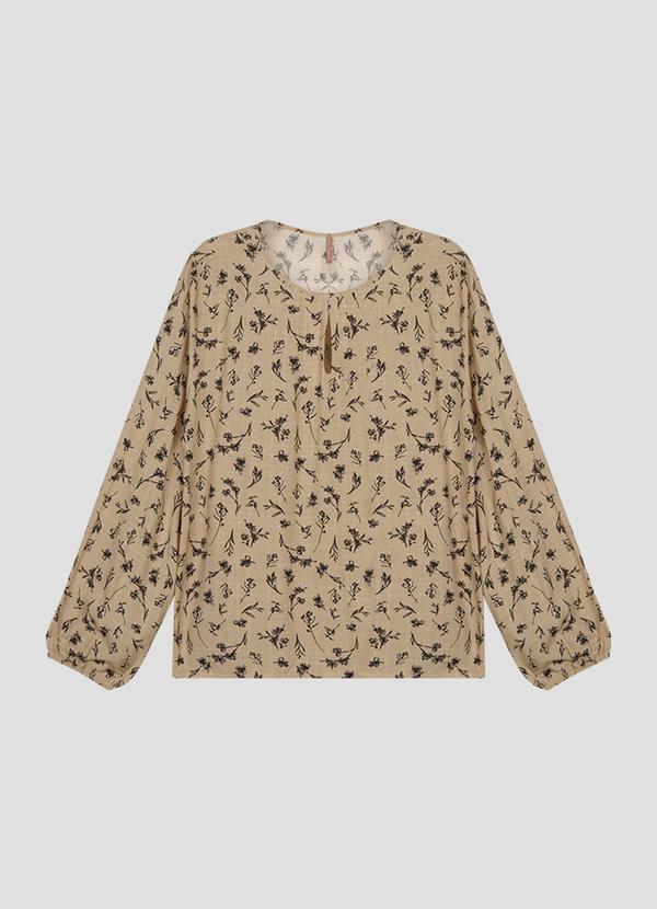 Blusa Feminina Plus Size Manga Longa Estampada Bege