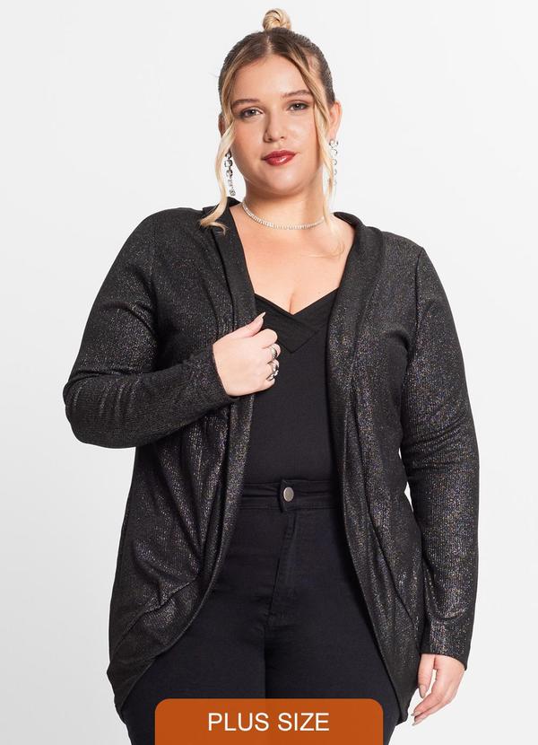 Cardigan Plus Size em Ribana Canelada Preto