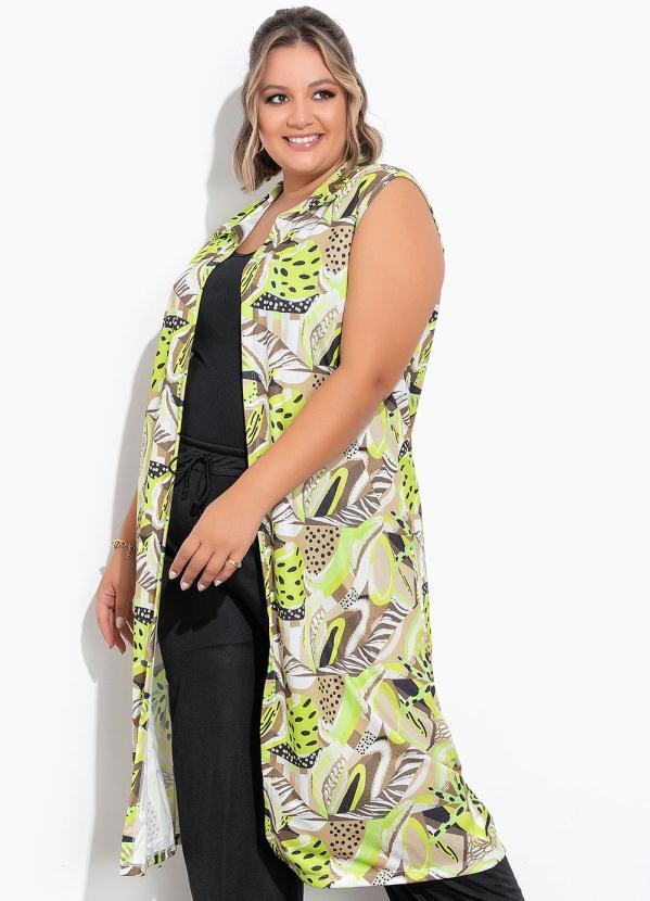 Colete Mix Verde Alongado com Gola Plus Size