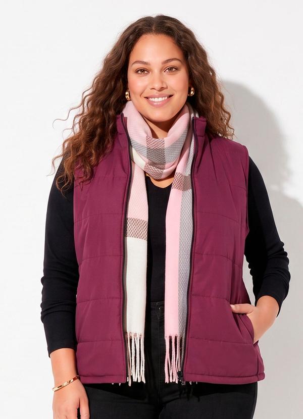 Colete Puffer Bordô com Zíper Plus Size