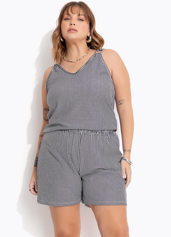 Conjunto Azul Marinho em Meia Malha Listrada