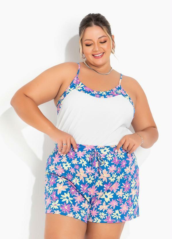 Conjunto Floral Azul e Off White Plus Size