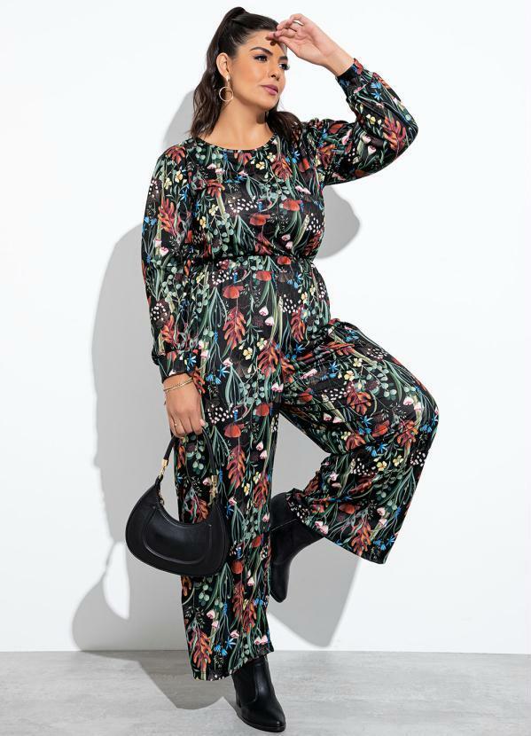 Conjunto Floral Preta em Jersey Acetinado