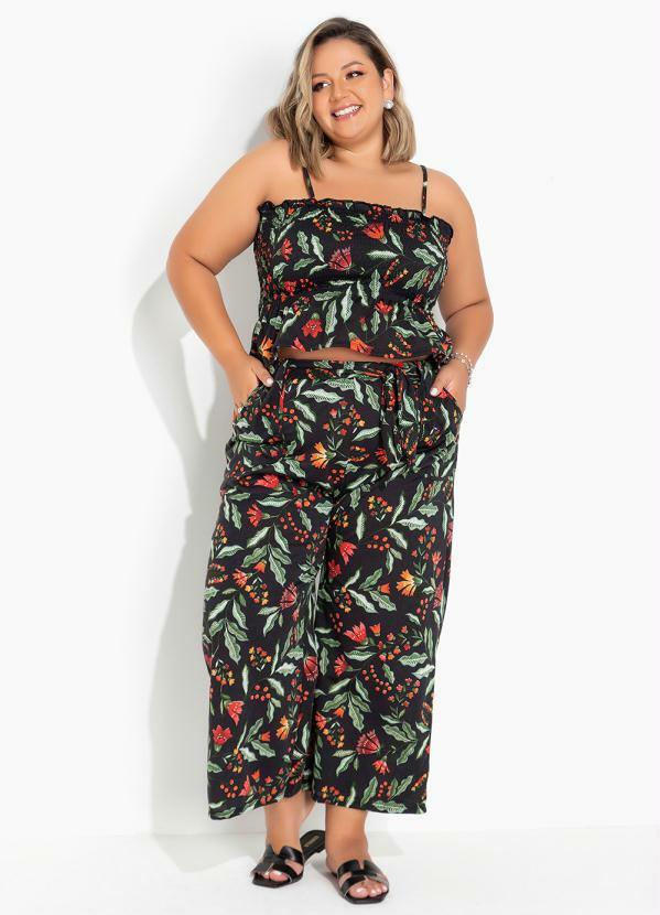 Conjunto Floral Preto com Top e Calça Plus Size