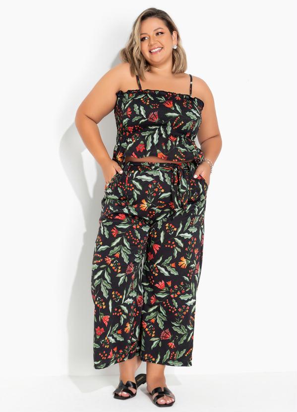 Conjunto Floral Preto com Top e Calça Plus Size