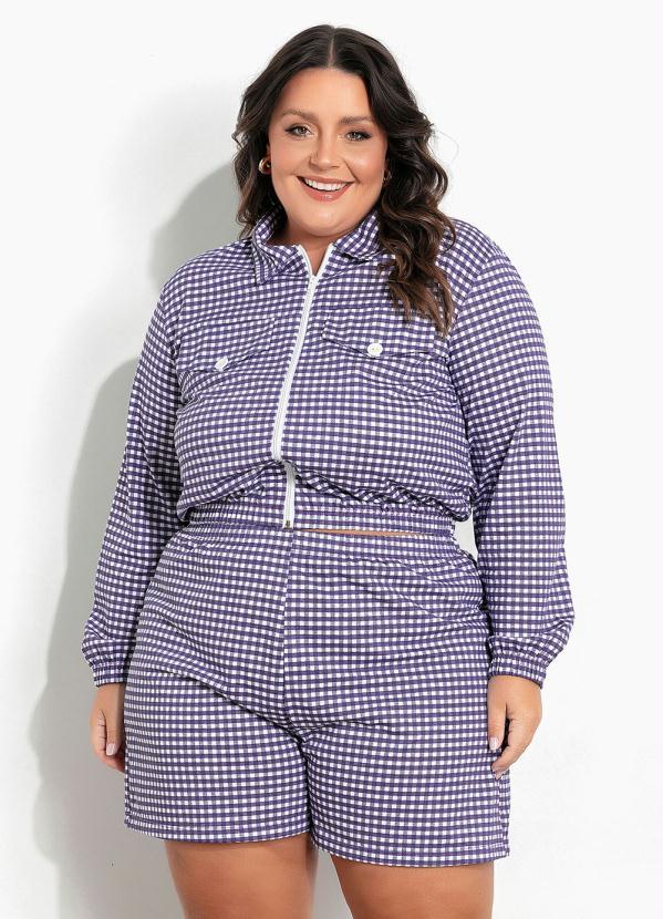 Conjunto Xadrez Roxo com Lapelas Plus Size