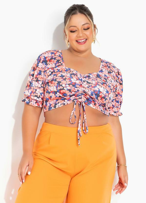 Cropped Floral Salmão com Amarração Plus Size