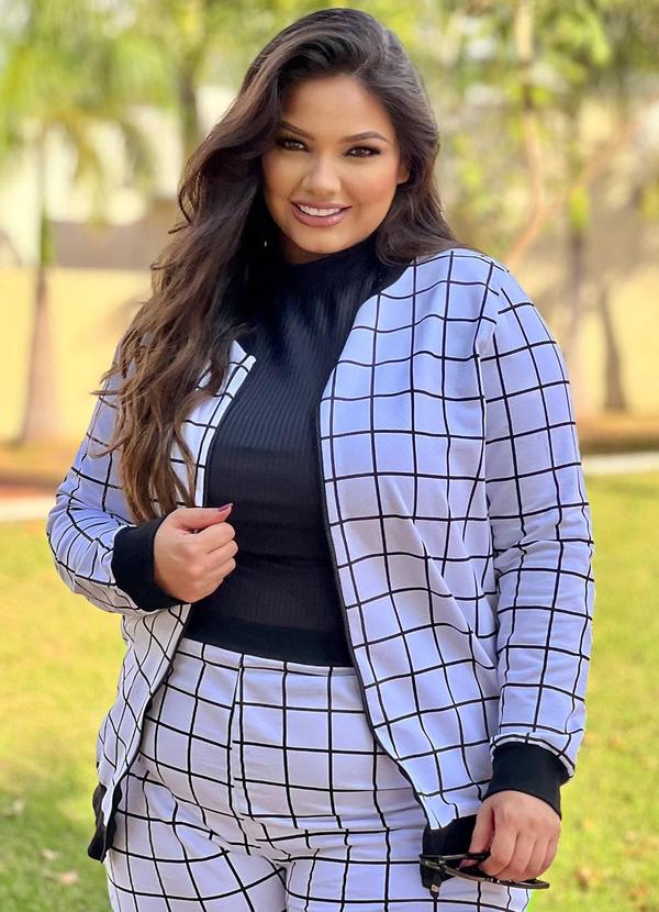 Jaqueta Bomber Xadrez Branco com Zíper Plus Size