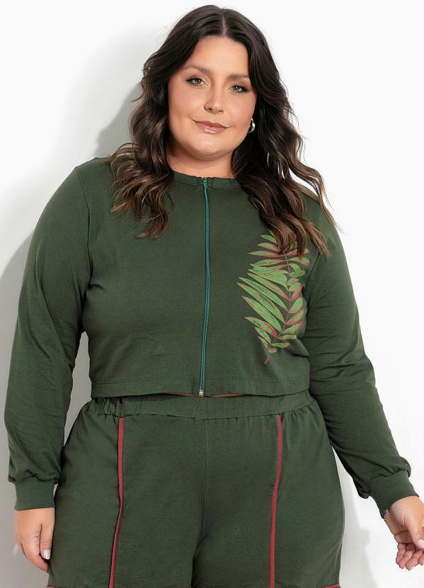 Jaqueta Verde Cropped com Estampa Plus Size