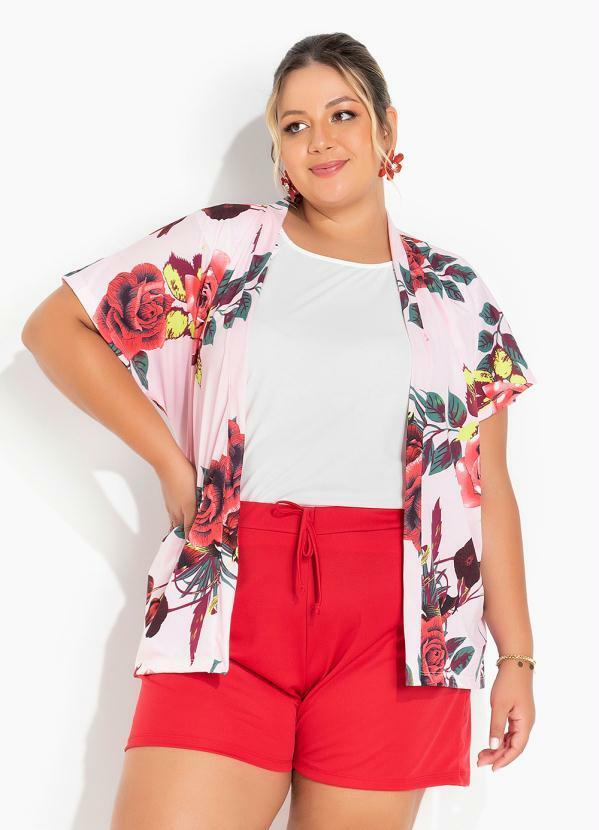 Kimono Floral Rosa com Mangas Plus Size
