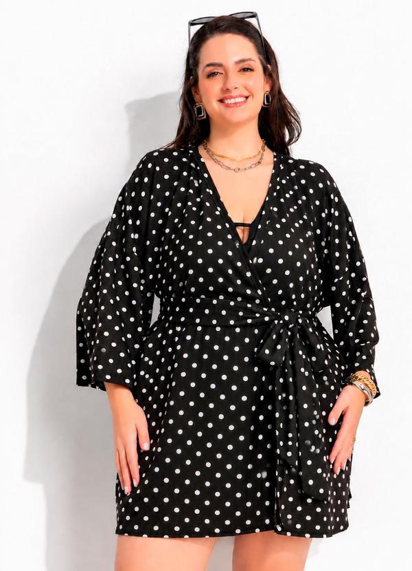 Kimono Poá Preto em Malha de Viscose com Elastano