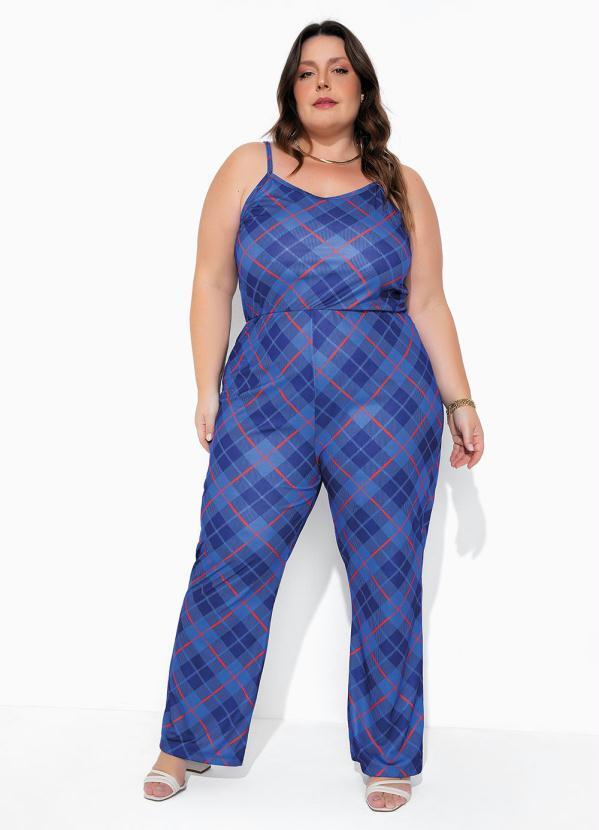 Macacão com Alças Xadrez Azul Plus Size