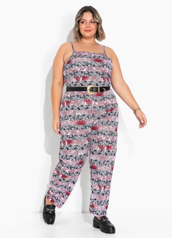 Macacão Folhagem Listrado com Alças Plus Size