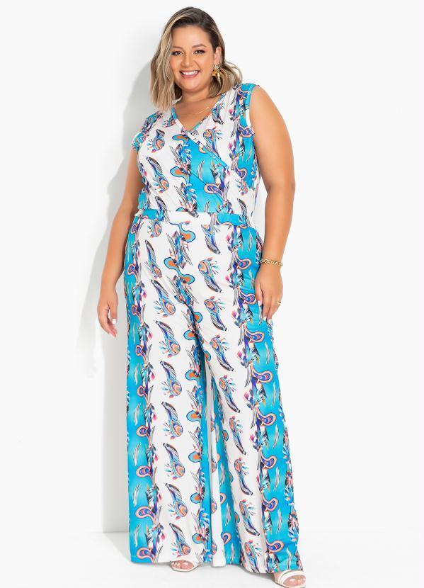 Macacão Paisley Azul com Transpassado Plus Size