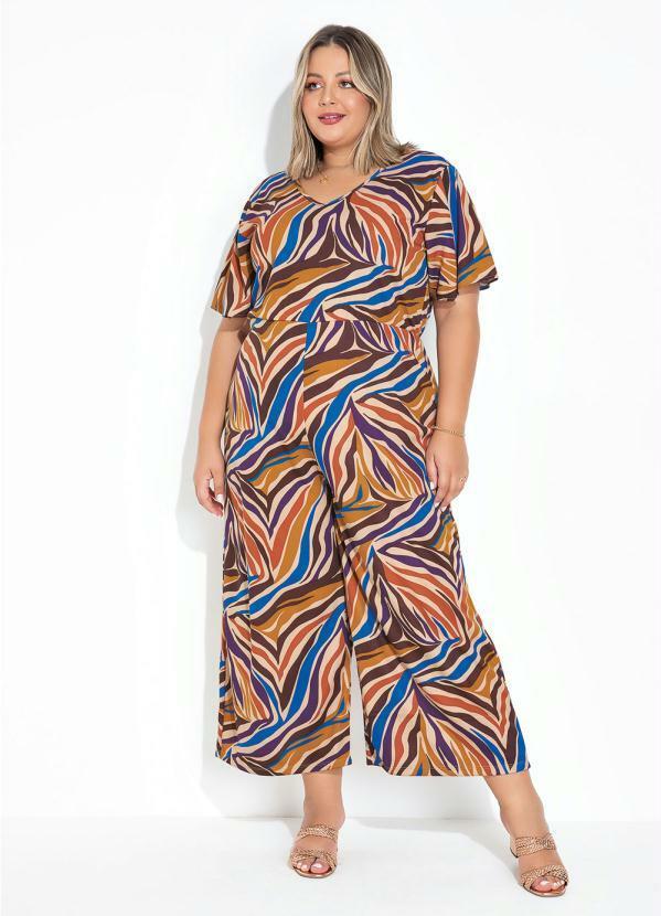 Macacão Zebra Bege com Mangas Amplas Plus Size