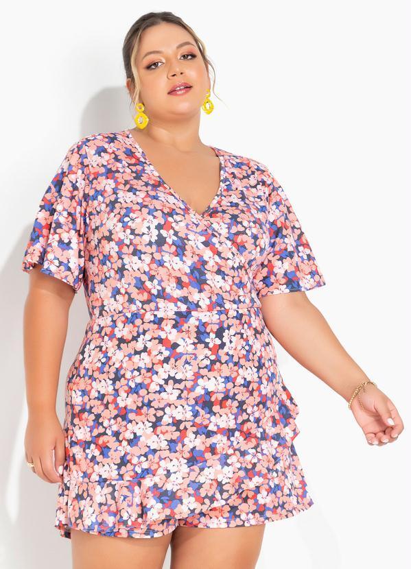 Macaquinho Floral Salmão Transpassado Plus Size