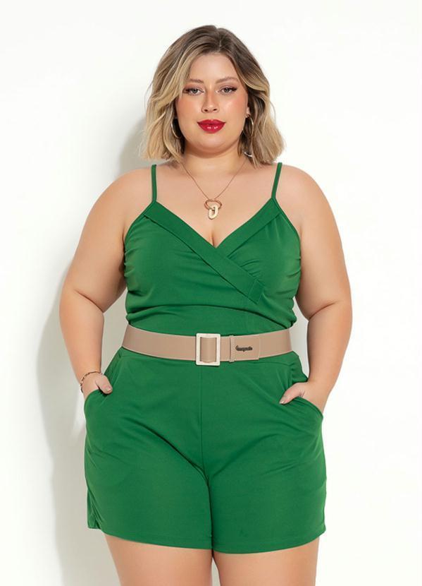 Macaquinho Verde Bandeira com Bolsos Plus Size