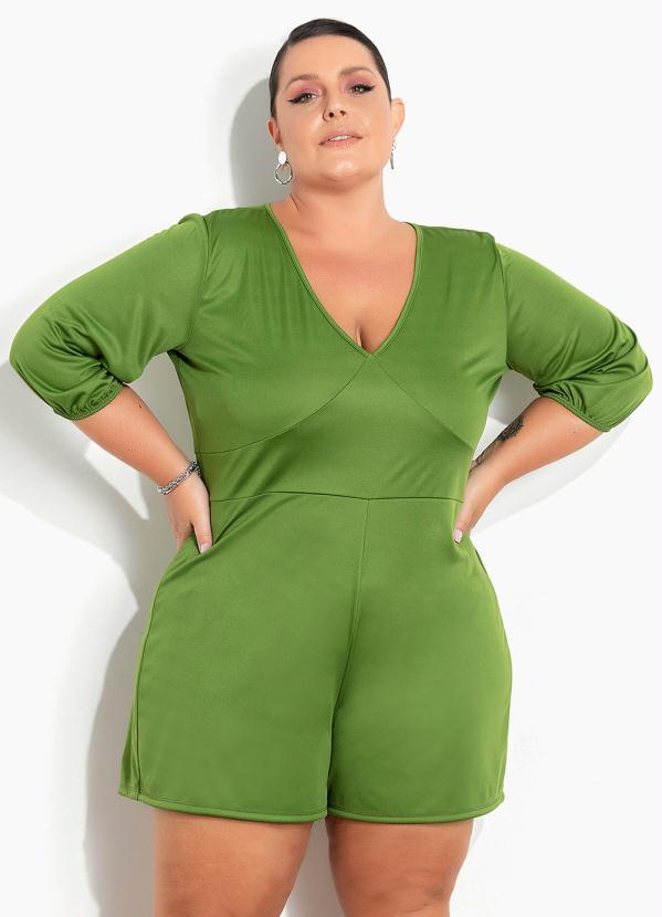 Macaquinho Verde com Mangas Bufantes Plus Size