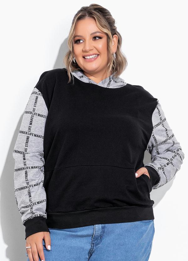 Casaco Preto e Mescla com Capuz Plus Size
