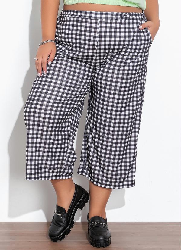 Calça Xadrez Preta com Bolsos Plus Size