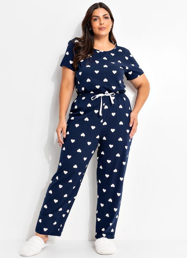 Pijama Corações Azul Marinho/Branco em Malha de