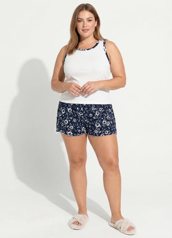 Pijama Floral Azul em Malha Canelada Macia