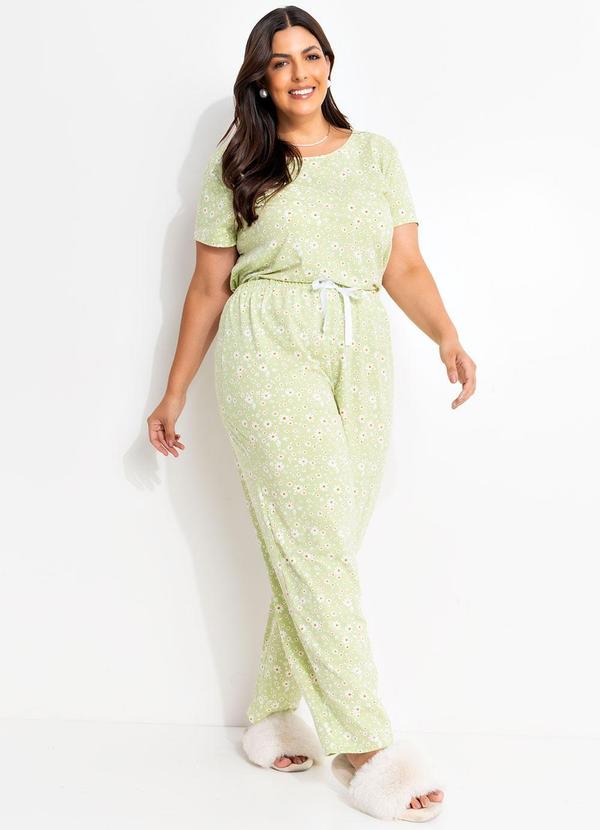 Pijama Floral Verde em Malha com Elastano
