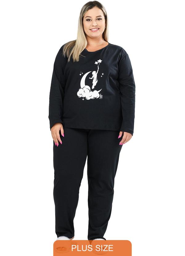 Pijama Inverno Plus Size de Algodão Lua Preto
