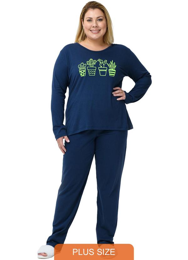 Pijama Plus Size de Algodão Suculentas Azul