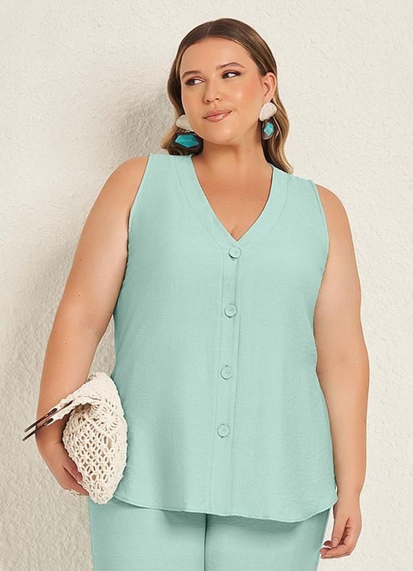 Blusa com Botões Decote V Azul