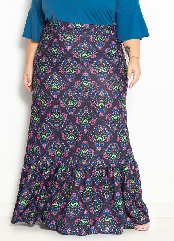 Saia Floral Preta com Babado na Barra Plus Size