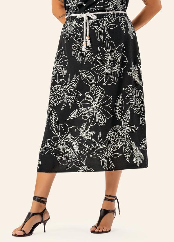 Saia Feminina Plus Midi com Cinto Preto
