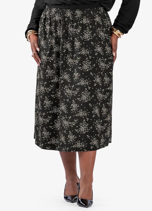 Saia Midi Estampada Plus Size Preto
