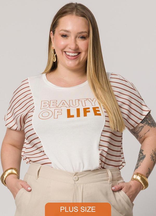 T-Shirt Listrada com Estampa Frontal Marrom