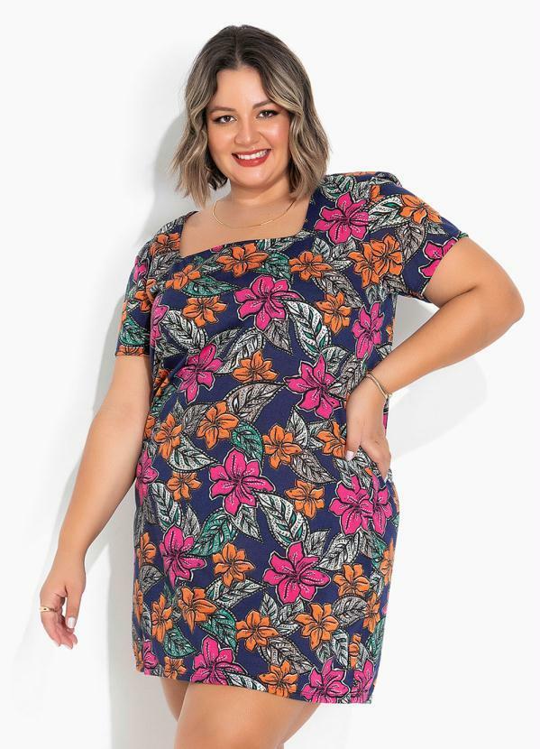 Vestido Floral Evasê com Mangas Curtas Plus Size