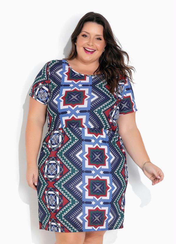 Vestido Abstrato com Decote V Plus Size