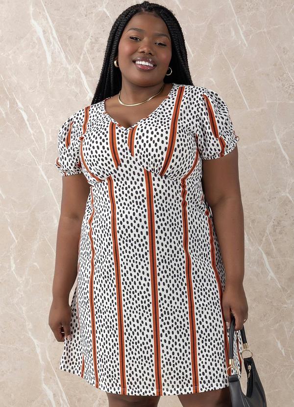 Vestido Abstrato e Listras com Mangas Plus Size