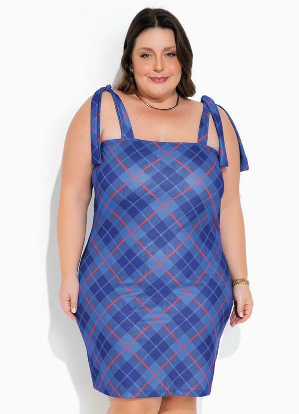Vestido com Amarração Xadrez Azul Plus Size